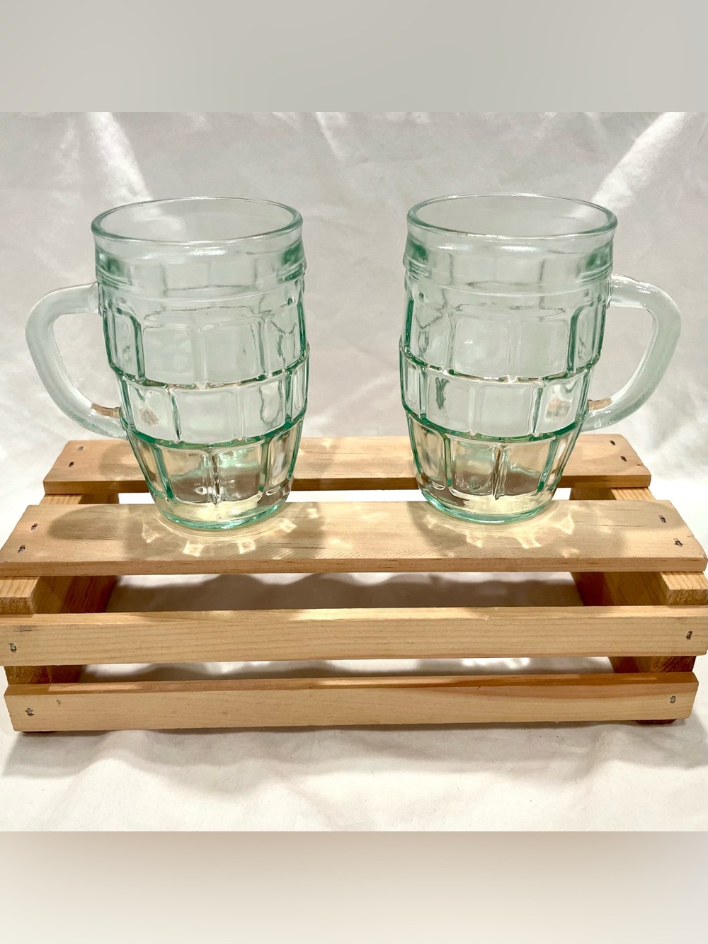 Anchor Hocking Small Barrel Green-Tinted Vintage Glass Beer Mugs Set